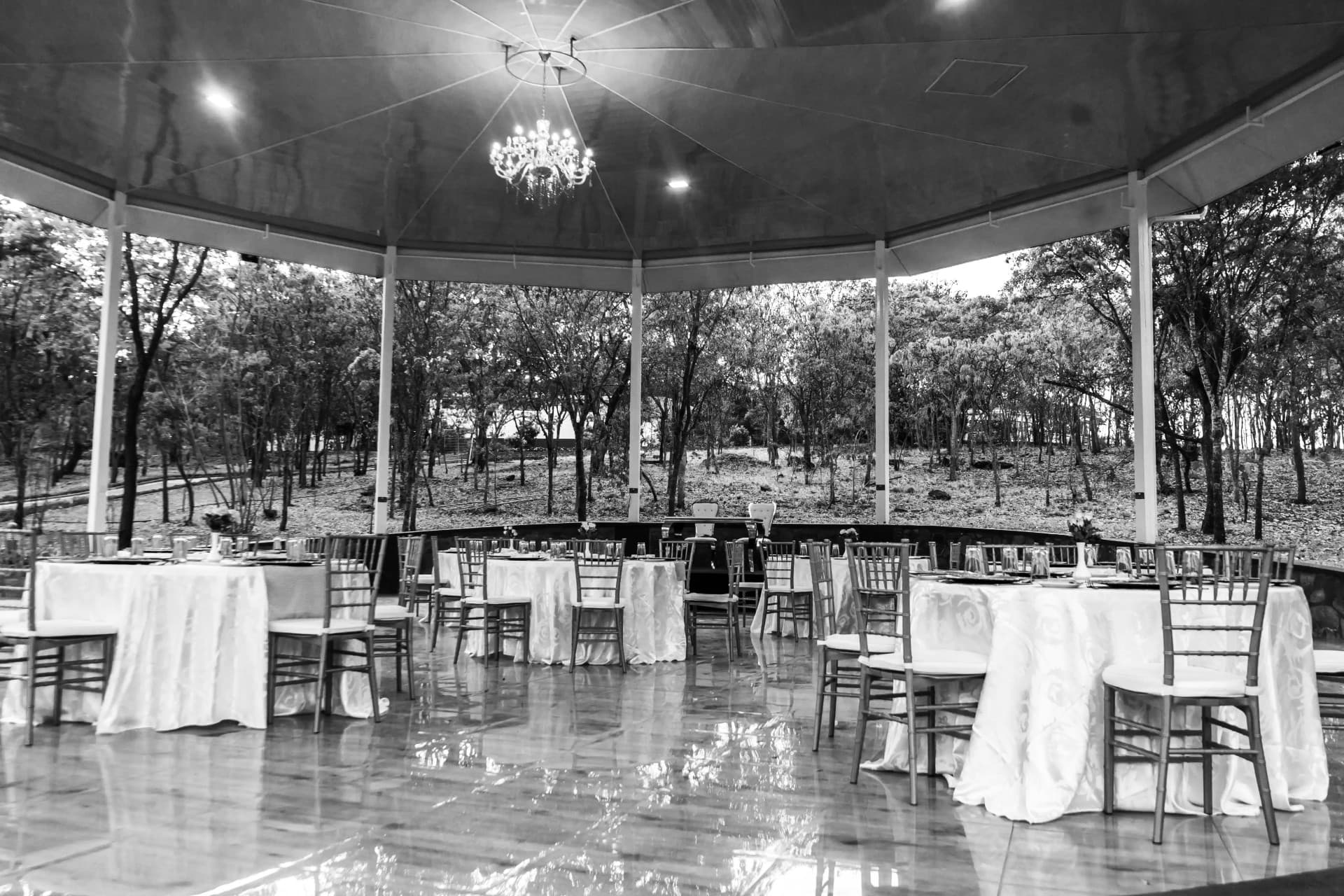 Raregold Resort pavilion venue with chandelier and table settings